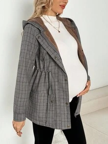 SHEIN Pregnant Women's Plaid Print Thermal-Lined Hooded Pocket 3-In-1 Long Sleeve Jacket, Autumn/Winter Plus Size Jackets Flannels For Women Shackets For Women Fall Women Clothes Maternity Clothes Fall Winter