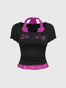 ROMWE Grunge Punk Punk Bro Letter Rhinestone & Lace Patchwork Crew Neck Fitted Women T-Shirt - Black - View 5