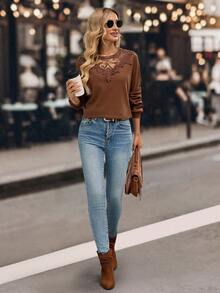 EMERY ROSE Women's Autumn Contrast Lace Long Sleeve Sweatshirt, Fall Winter Brown Long Sleeve Top, Going Out Top - Brown - View 5