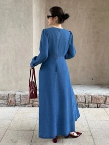 K-Vae Women's Autumn And Winter V-Neck Rose Button Dress, Long A-Line Dress, Elegant Commuter Dress, Party Dress,New Year's Wear - Dark Wash - View 2