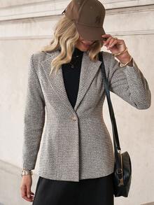 Solivie 女士优雅通勤修身西装外套，秋冬季粗花呢西装外套，带衬里，适合感恩节穿着 - 灰色 - 查看 7