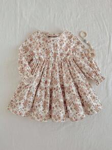 Loomiva Young Girl Floral Print Round Neck Puff Sleeve Waist Cinched Dress - Multicolor - View 5