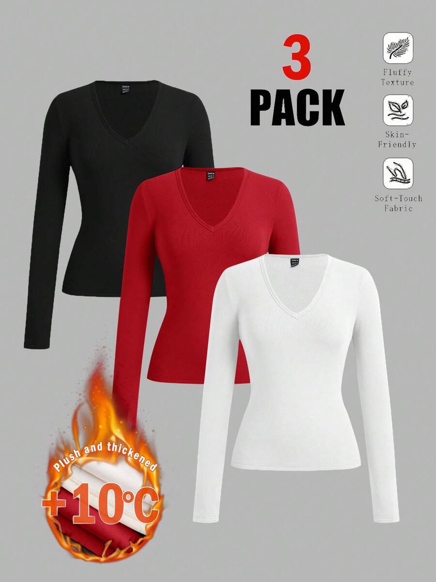 SHEIN EZwear Conjunto de 3 camisetas básicas térmicas de manga larga con cuello en V profundo y ajuste ceñido para mujer, adecuadas para otoño/invierno, ropa de casa y oficina, en negro, rojo y blanco - Multicolor - Ver 1