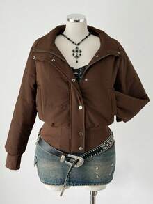 Sunspun Plus Size Stand Collar Four-Button Long Sleeve Ribbed Waist Padded Coat - Brown - View 5