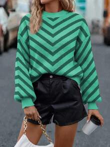 EMERY ROSE Maglione casual e ampio da donna a maniche lunghe con scollo tondo e spalle cadenti, a righe, adatto per autunno/inverno - Verde - Visualizzare 3