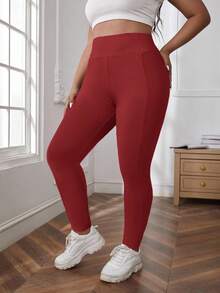 SHEIN LUNE Quần legging cạp cao màu trơn cỡ lớn cho nữ thường ngày, quần áo tập gym, đồ thể thao nữ, quần legging cạp cao cho nữ, quần legging đỏ, quần legging tập gym cho nữ, quần legging nữ - Đỏ - Xem 3