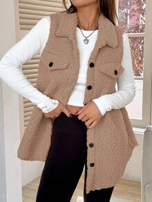SHEIN EZwear 1件女士纯色纽扣前开襟无袖口袋休闲外套，适合秋冬季日常穿着，卡其色，适合女士秋季穿着，女士背心，适合冬季女性居家办公早餐穿着，秋季，女士秋季 - 杏色 - 查看 3