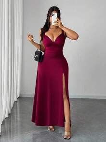 Viva Relle 大码女式纯色扭结V领高开衩高弹力针织派对鸡尾酒百搭时尚设计2025新款连衣裙 - 紅色 - 查看 6