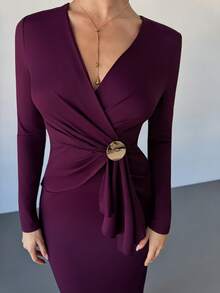 Firerie Women's Christmas  Solid Color Overlap V-Neck Batwing Sleeve Pleated Elegant Dress Elegant Dresses For Party Elegant Christmas Clothes For Women New Year Clothes - Red Violet - View 9