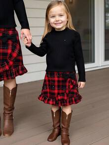 PrepCrw 2 Stücke Elegantes, vielseitiges, klassisches Weihnachts-Set für Kleine Mädchen in Rot, Grün und Schwarz kariert mit Rüschensaum Rock und schwarzem Rollkragen Shirt mit Puffärmeln, geeignet für Freizeitausflüge, Zusammenkünfte, Feiertage, Herbst und Winter - Verschiedenfarbig - Übersicht 1