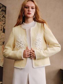 Arave Women's Tweed Fabric Boxy Round Neck Open Placket Applique Flower Edge Pearl Ribbon Design Daily Commuter Jacket Fall Clothes For Women Winter Clothes   Party - Yellow - View 5