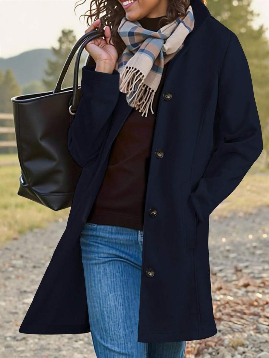 EMERY ROSE Women's Elegant Casual Long Sleeve Overcoat - Navy Blue - View 1