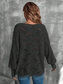 EMERY ROSE Suéter casual de cuello redondo de unicolor con diseño calado - Gris Oscuro - Ver 2