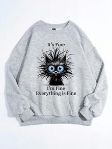 Veykashi Halloween Casual I'M FINE Cat Graphic Print Loose Fit Thick Crew Neck Long Sleeve Hoodie Sweatshirt, Autumn/Winter Fall Cute Sweatshirt Halloween Sweatshirt Oversized Sweatshirt Women Women Sweatshirts Graphic Sweatshirts Oversized Sweatshirt Woman Women Sweatshirts