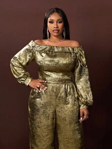 Slaydiva 2025 秋冬大码女装两件套，Y2K 街头风格，斯德哥尔摩时尚，约会夜装，优雅晚会装，性感修身露肩蝴蝶结金色涂层花卉长袖连体裤 - 金色 - 查看 7