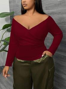 SHEIN SXY Fall Red Off-The-Shoulder Crossover Pleated Long Sleeve T-Shirt/Fall/Winter