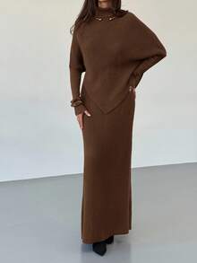 Aloruh Bộ 2 món áo len dệt kim màu tím dày dặn mùa đông mới cho nữ, áo len dáng rộng, váy liền thân - màu nâu - Xem 3