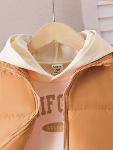 3pcs Girls Casual Cute Daily Outfit Set: Hooded Long Sleeve Sweatshirt, Brown Vest, Long Pants, Fashionable Winter Children Outdoor Wear - Brown - View 5