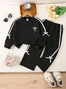 Genkimix Kids 2 件套紫色蝴蝶结运动衫和裤子套装，适合 4-7 岁小女孩，休闲运动套装，秋季 - 黑色 - 查看 7