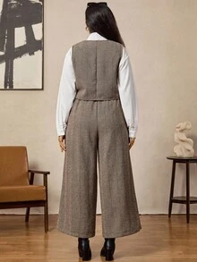 Zelara 商务休闲女装套装女士工作服女士办公室服装套装女士秋装女士冬装冬季套装冬装女士冬季夹克外出上衣外出装时尚女装套装女式乡村风格子棕色 - 棕色 - 查看 2