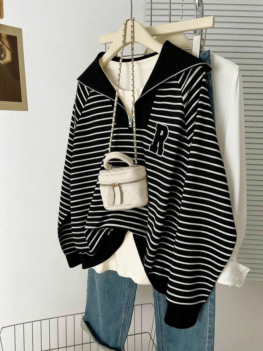 INAWLY Letter Embroidery Polo Collar Zip-Up Striped Long Sleeve Sweatshirt - Black - View 1