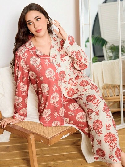 SHEIN Floral Print Contrast Color Shirt Style Top & Pants Sleepwear Set, Plus Size Curve Pajamas Set Women Lounge Sets Sleep Wear Women 2 Pieces Set Western Pajama Set Vintage Pajama Set, Cozy Outfit, Fall Winter Clothes