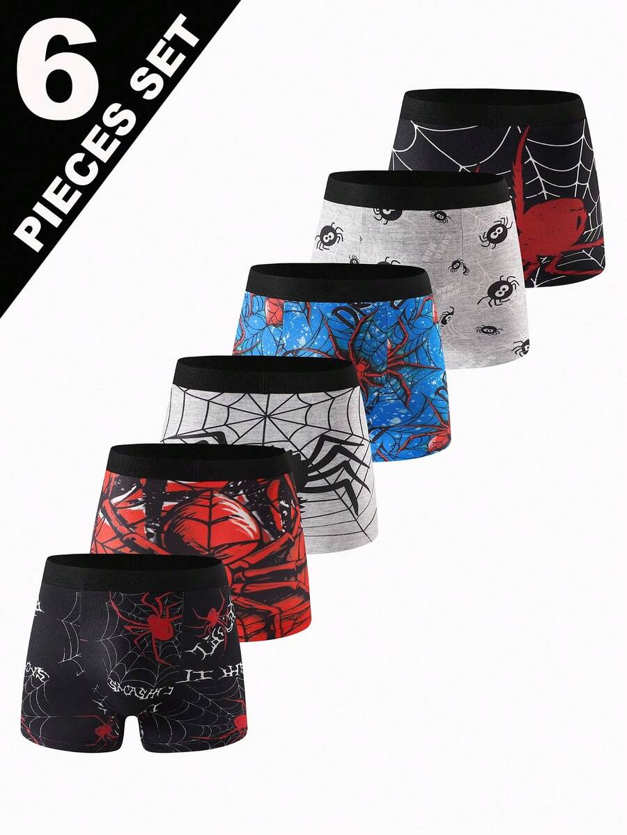 6pcs Boys' Comfortable Spider Print Boxer Briefs, Cartoon Print Underwear