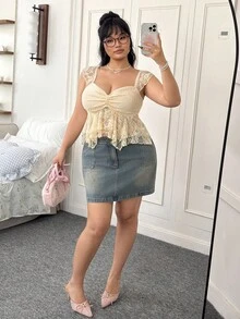 SHEIN EZwear Plus Size Summer Casual Front Twist Lace T-Shirt Lace Top Cream Lace Top Women Lace Tops,Going Out Tops Women - Yellow - View 6