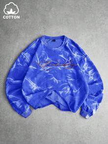 Manfinity Roghcode Sudadera holgada casual con estampado de ola de agua de estilo callejero popular, bordado conmemorativo "Libertad" para hombres - Azul - Ver 4