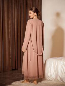 Slumberist 2 件套女士性感透明网眼长袖睡袍（配腰带）和无袖 V 领蕾丝边睡袍睡衣套装 - 卡其色 - 查看 2