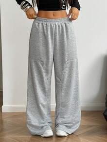 SHEIN Unity Women's Oversized Casual Streetwear Y2K Baddie Back To School College Style Sweatpants, Grey Floral, Autumn/Winter - Light Grey - View 1