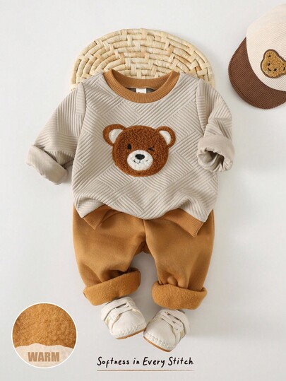 Cozy Pixies 2pcs Baby/Toddler Cartoon Bear Print Crew Neck Long Sleeve Sweatshirt And Elastic Waist Thickened Fleece Pants Set