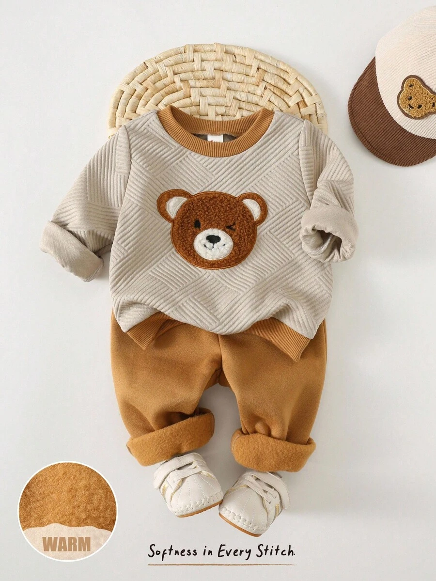Cozy Pixies 2pcs Baby/Toddler Cartoon Bear Print Crew Neck Long Sleeve Sweatshirt And Elastic Waist Thickened Fleece Pants Set - Multicolor - View 1