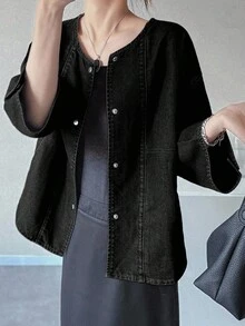 FRIFUL 女式宽松牛仔夹克和喇叭袖纽扣大衣 - 黑色 - 查看 3