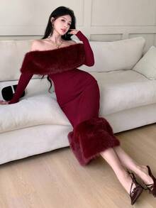 Feyla 女式时尚优雅毛绒拼布露肩针织连衣裙 - 酒紅色 - 查看 5