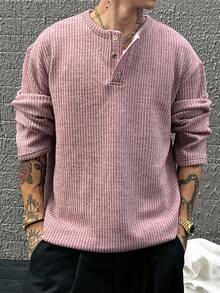 DAZY 男士纹理面料圆领半开襟T恤，粉色，秋季 - 粉色 - 查看 1