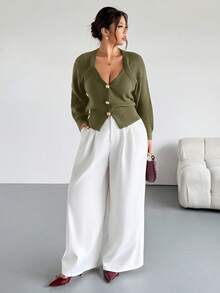 Firerie Áo khoác cardigan dệt kim tay dài cài nút phía trước màu trơn cỡ lớn cho mùa thu/đông - màu xanh lá - Xem 5