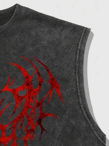 ROMWE MEN Street Life Acid-Washed Design Round Neck Fashionable Short Tank Top, Summer - Black - View 5