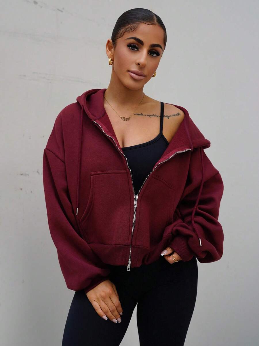SAYEHFBABY Double Zip Through Hoodie Casual, Airport Back To School Fall Autumn - Burgundy - View 1