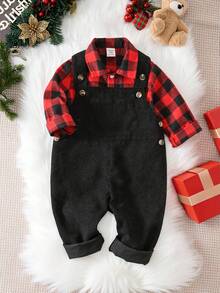 SHEIN 2 件套男婴格子领衬衫和黑色灯芯绒背带裤套装，柔软舒适的百搭服装，适合秋冬季居家和外出