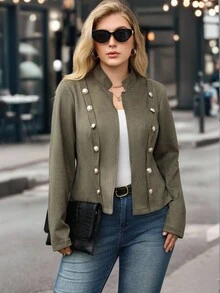 Juhart Plus Size Women's Double-Breasted Short Jacket, Faux Suede, Autumn/Winter - Green - View 6