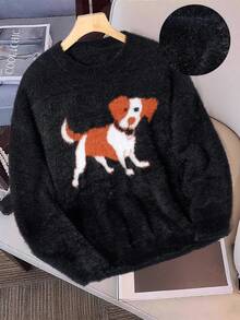Manfinity EZcore 男士卡通狗图案圆领宽松毛衣，秋冬 - 黑色 - 查看 3