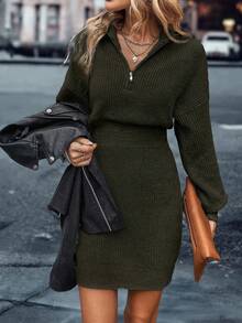 SHEIN LUNE Women's Casual Solid Color Drop Shoulder Long Sleeve Zip Up Half Placket Dress, Autumn/Winter - Army Green - View 6