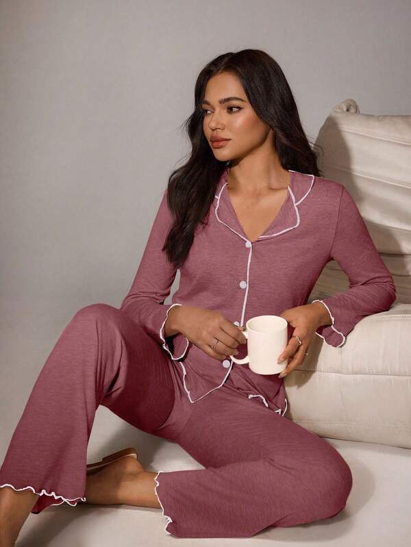 SHEIN Set casual e morbido di top a maniche lunghe con volant e pantaloni in maglia leggera e ampia per l'estate, colore cachi. Set pigiama in maglia bordeaux. Set pigiama in maglia, completo da casa a maniche lunghe, abbigliamento autunnale