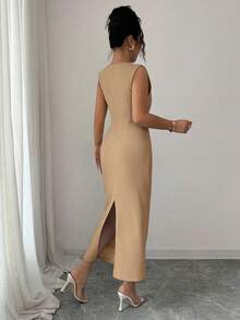 Elenzga Women's Elegant Fashion Commuter Casual Comfortable Charming Retro Romantic Vacation Sleeveless V-Neck Waist Ruched Fitted Solid Color Midi Dress - Khaki - View 2