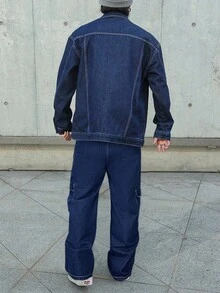 SHEIN 2Pcs Teen Boy Fashion Casual Y2k Vintage Cool Street Returns To School College Two Pieces Set Of Basic And Simple Dark Blue Denim Lapel Long-Sleeved Jacket With Contrasting Color Lines And Pocket Design Loose-Fitting Jeans For Kids Clothes Teen Boy Soft Dailywear And Kids Winter And Fall Rave Outfits Festival And Outfits Streetwear Clothes Denim Boys Outfit Y2k Street Vintage Washed Denim - Blue - View 3