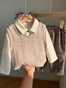 SHEIN 男宝宝秋冬可爱百搭针织背心、格子裤、白衬衫三件套，适合生日派对、锐舞派对、晚宴、演出、婚礼、迎婴派对、一周岁生日庆祝等场合。 - 彩色 - 查看 1