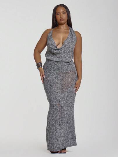 MUSERA Falda maxi ajustada de punto rasgado de talla grande, elegante para fiesta, salida, sexy, Año Nuevo