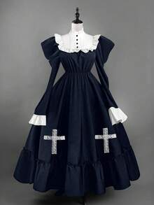 Sunspun Plus Size Gothic Style Contrast Color Cross Peplum Waist Dress - Blue - View 1