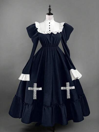 Sunspun Plus Size Gothic Style Contrast Color Cross Peplum Waist Dress